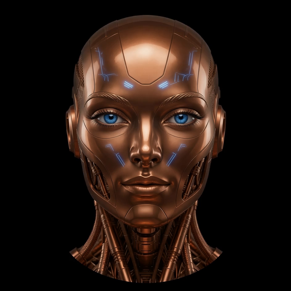 AgentB9 — a copper-faced agent speaking
