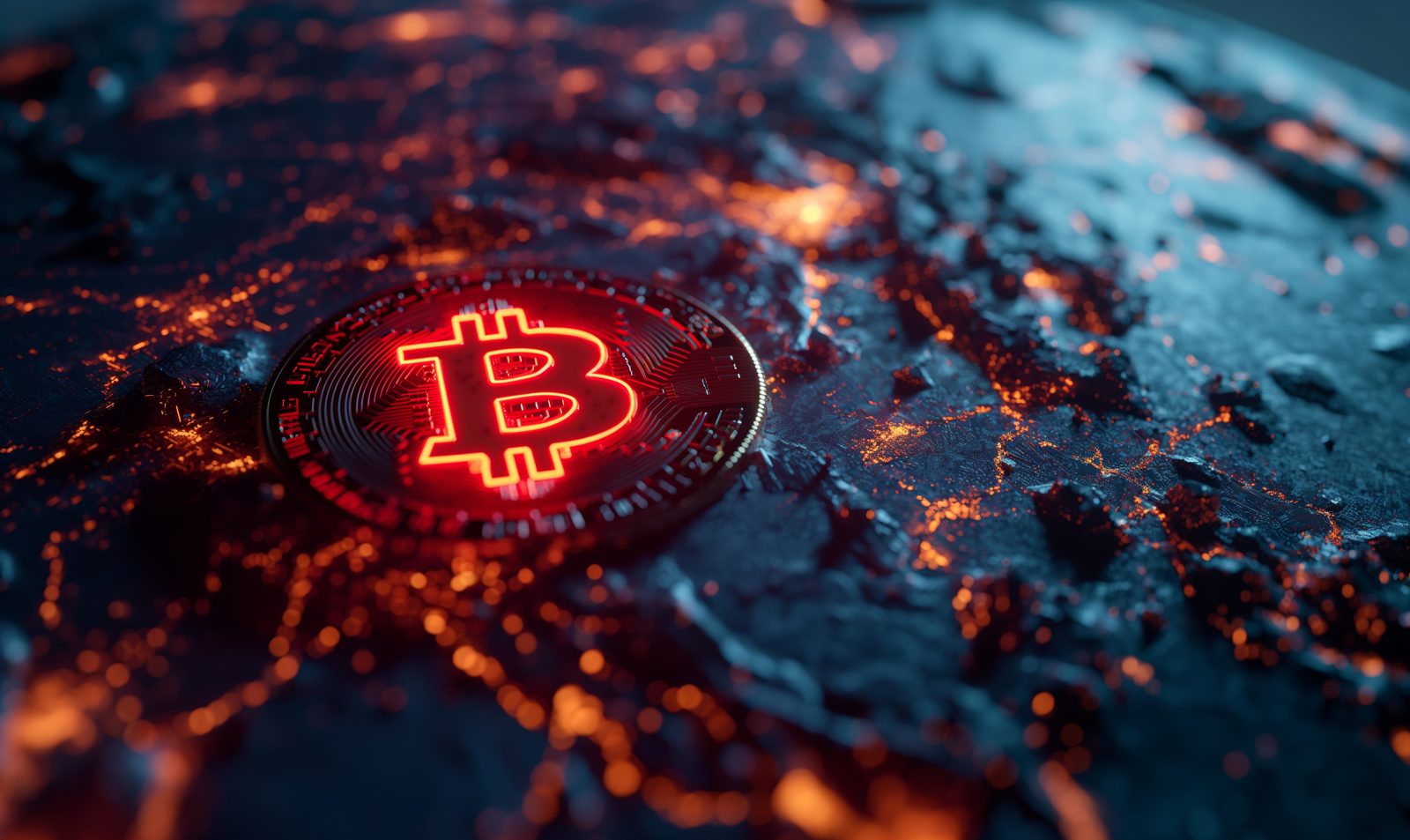 A glowing Bitcoin against a dark field