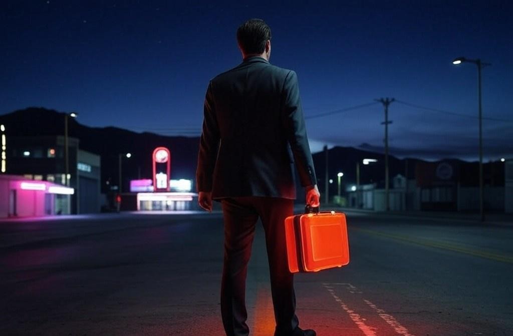 A figure in a suit on a night street, carrying an orange case