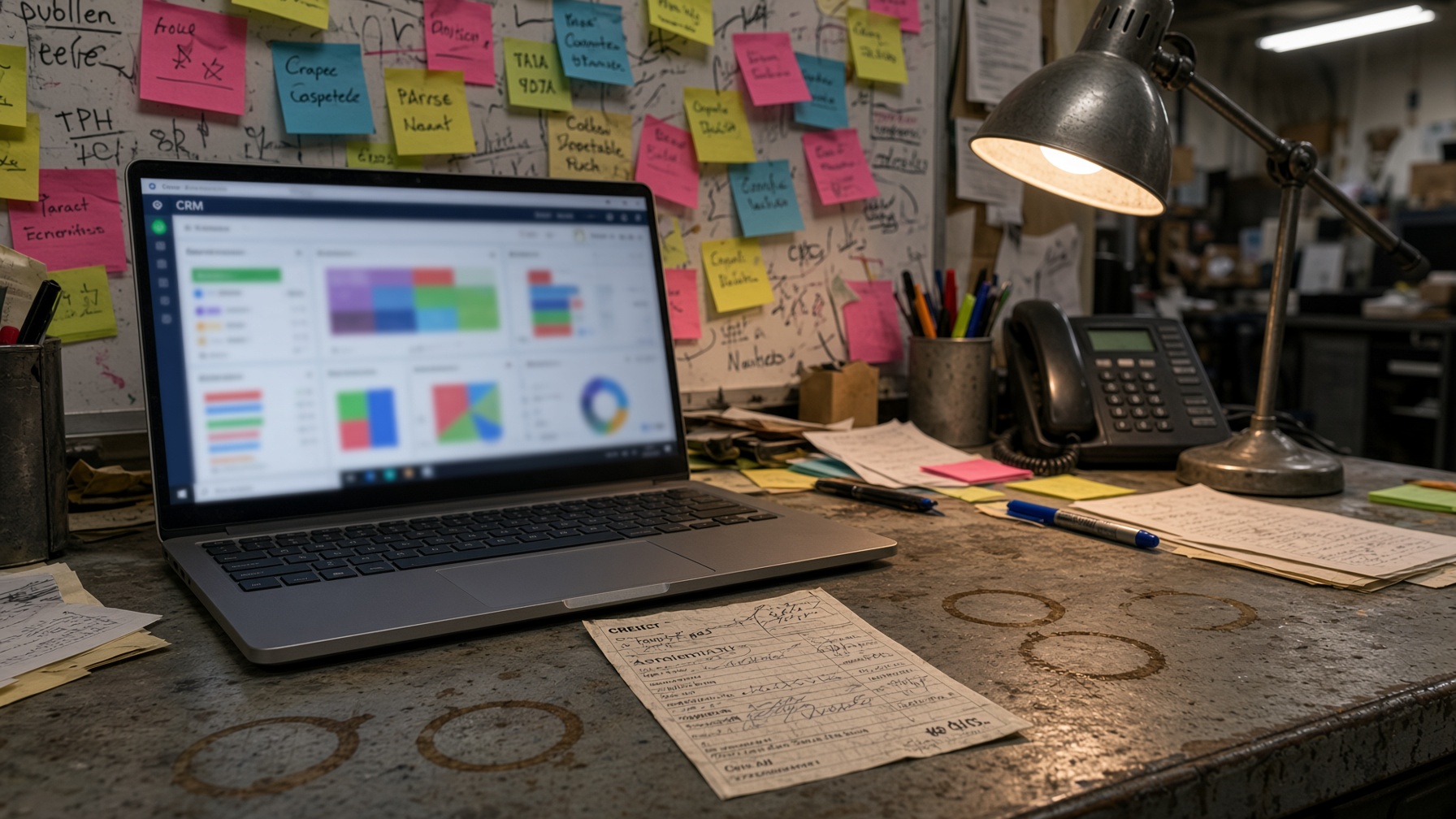 A shop desk with a CRM on a laptop, a handwritten ticket, a landline, and a wall of sticky notes