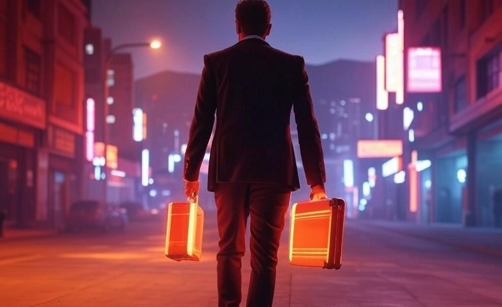 Two glowing orange Block9 cases on a city overlook at night