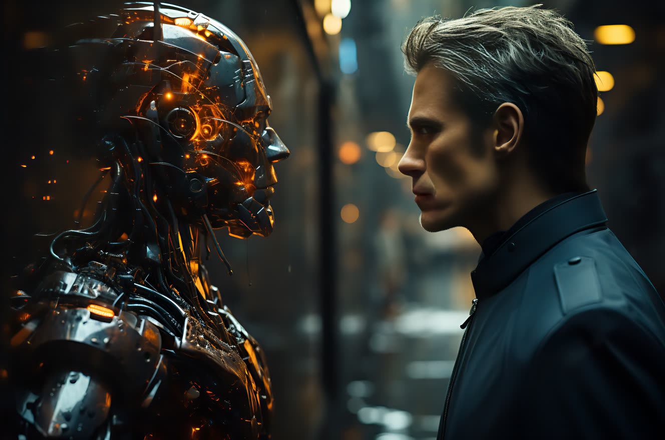 A man facing a machine, eye to eye