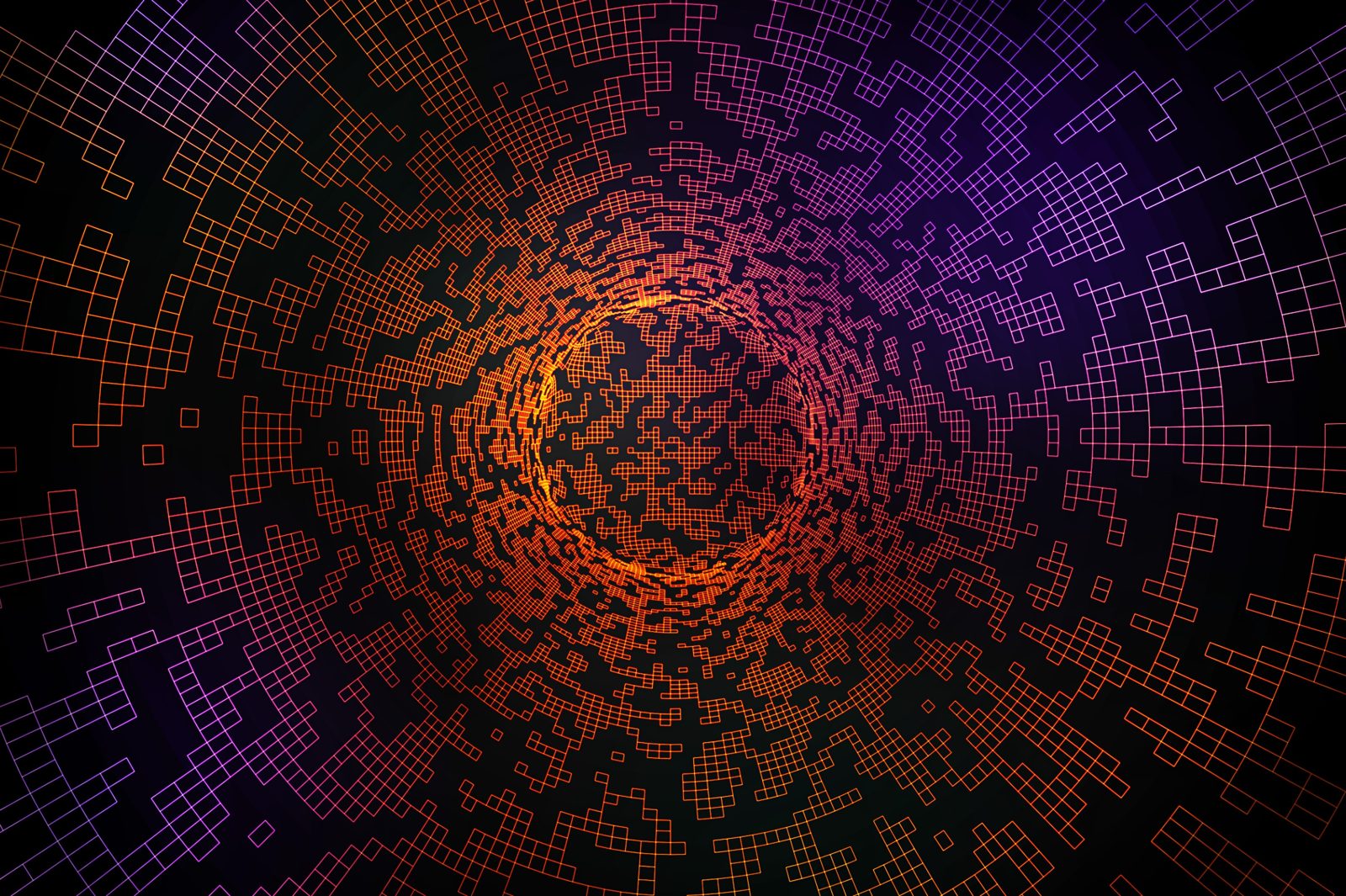 A software grid receding into a tunnel of orange light