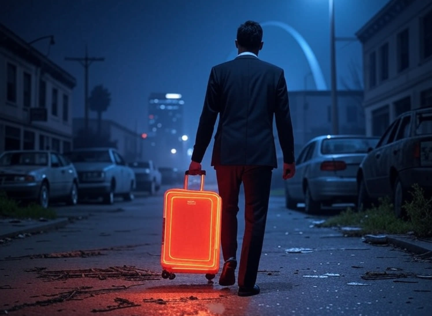 A figure walking a night street toward the Arch, pulling a glowing orange case
