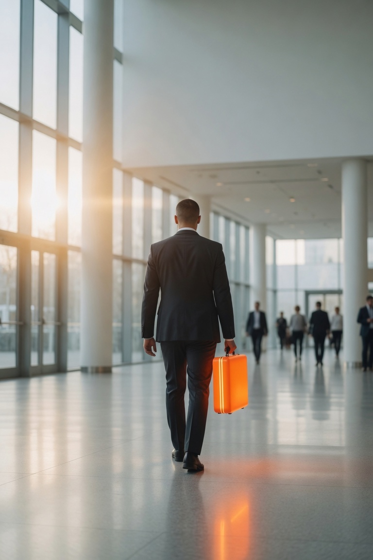 A person walking a long white corridor, carrying a glowing orange case