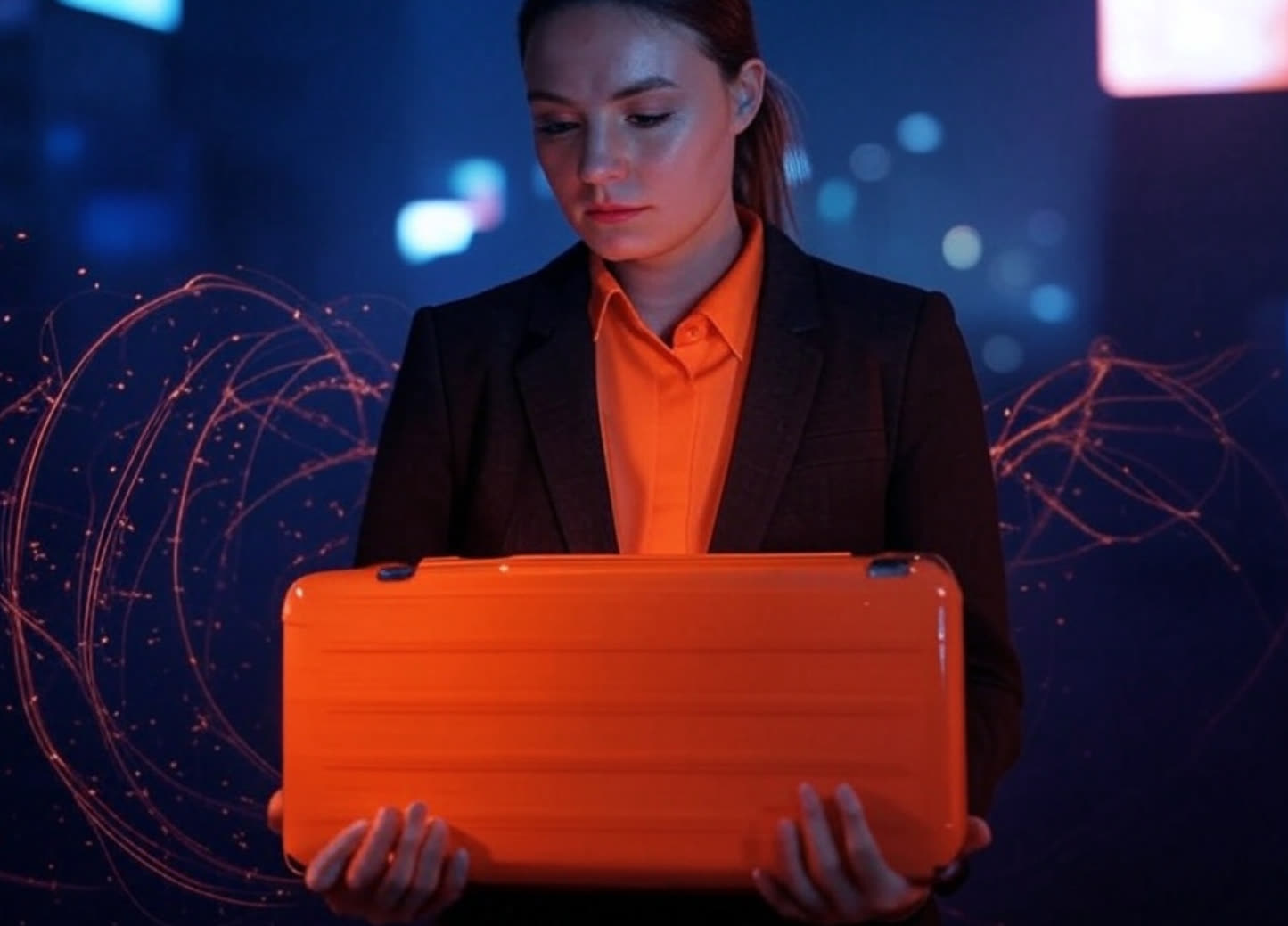 A person holding an orange case against a city night
